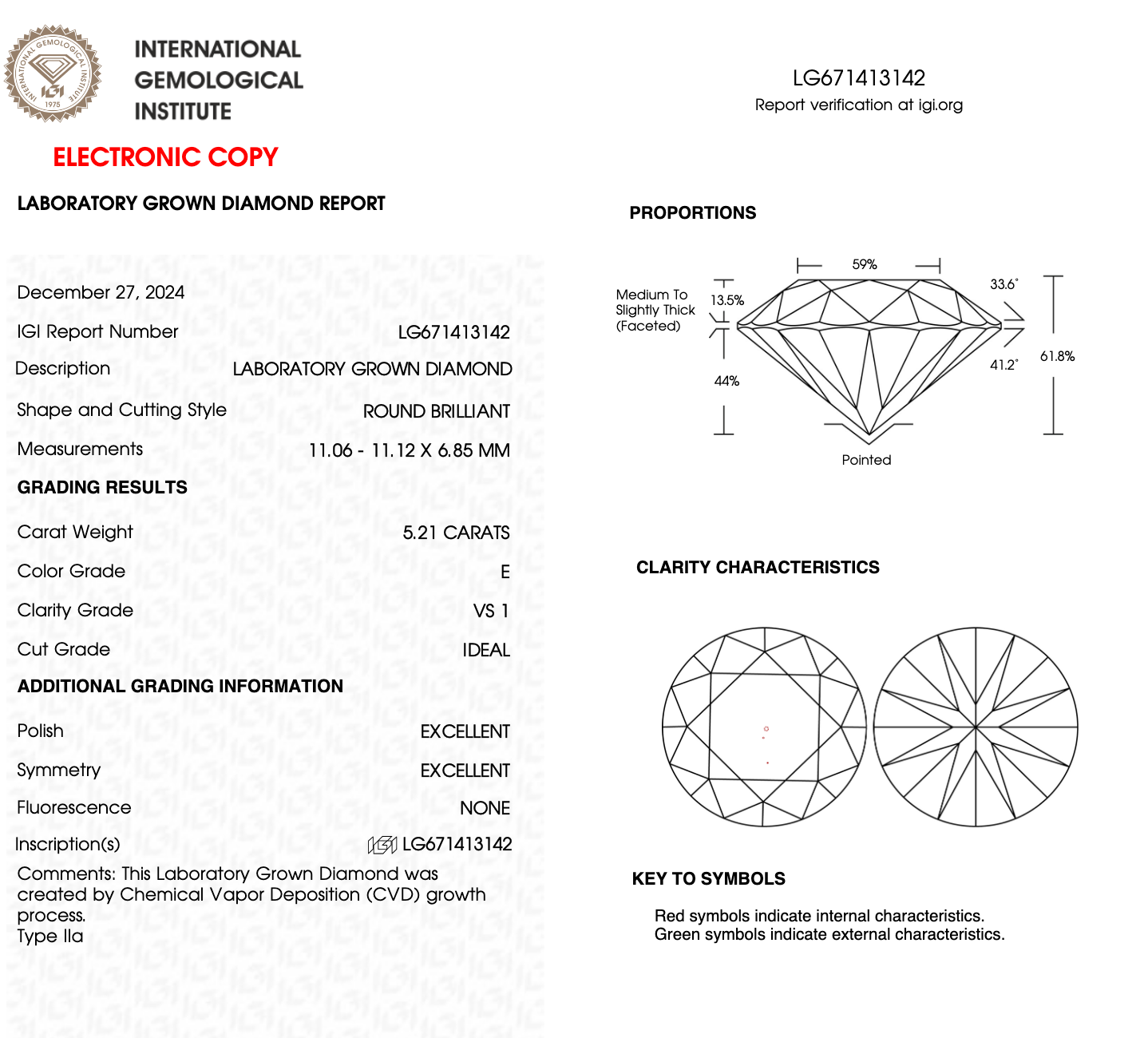 5.21ct Round Cut Lab Grown Diamond IGI Certified