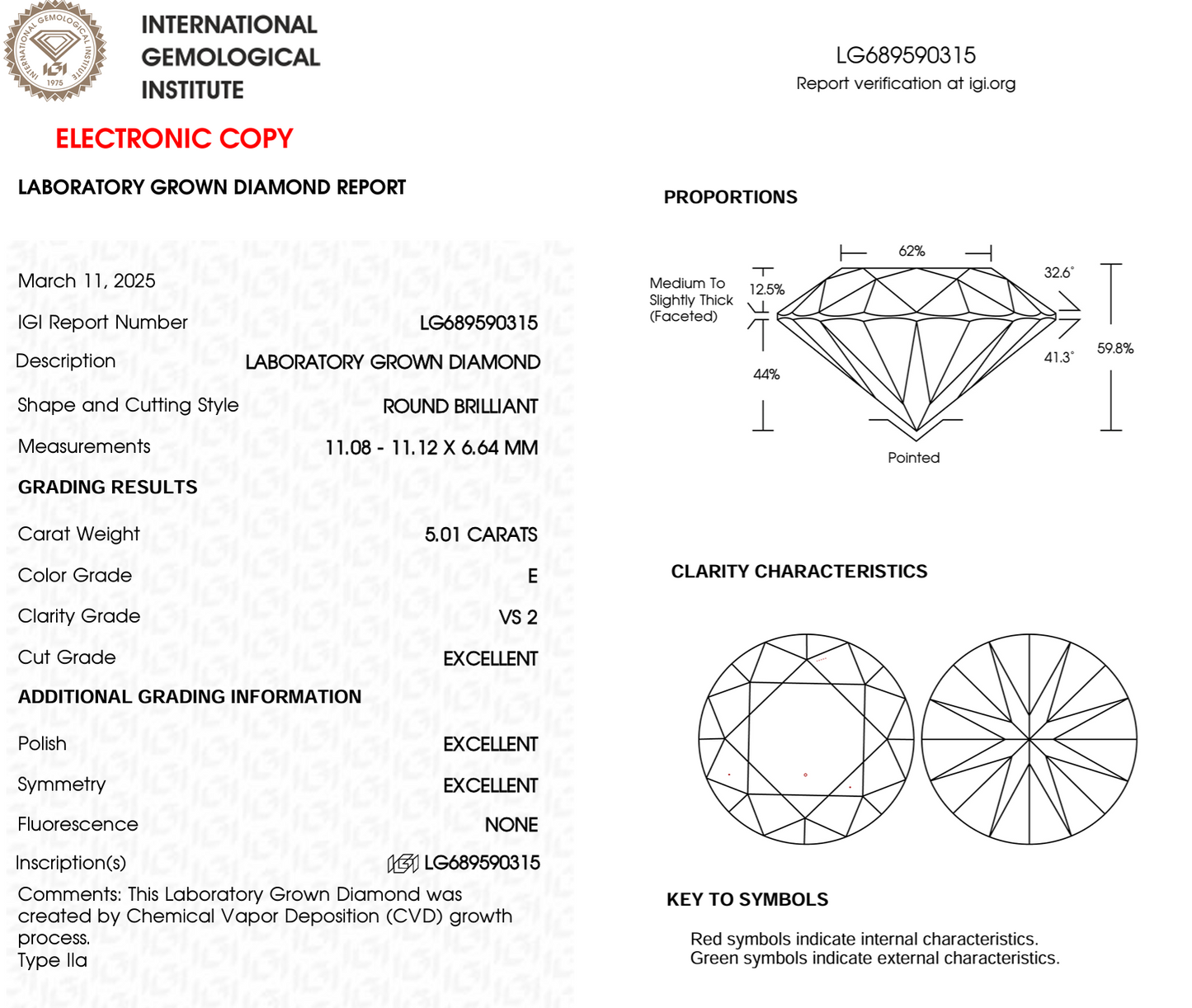 5ct Round Cut Lab Grown Diamond IGI Certified