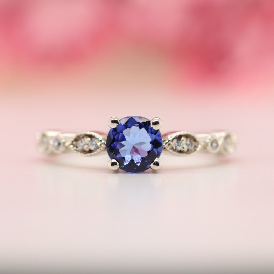 Oval Tanzanite Ring with Accented Diamond, Solid Gold Gemstone Engagement Rings for Women, Dainty Solitaire Ring, December Birthstone Band - JayKrishna Diamond