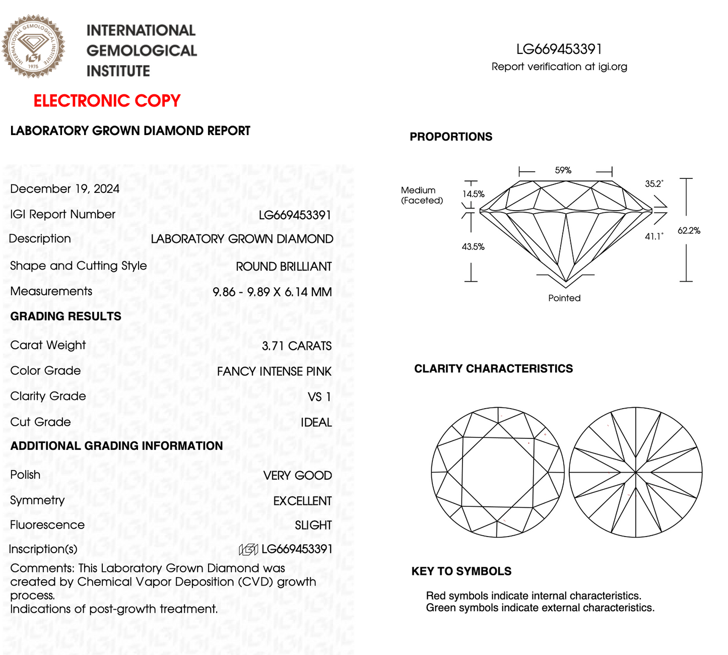 3.71ct Round Fancy Pink Lab Diamond IGI VS1 Sustainable Gem