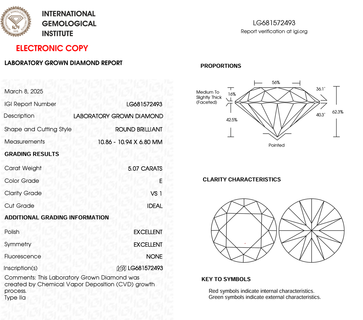 5.07 Ct Round Cut Lab Grown Diamond IGI Certification