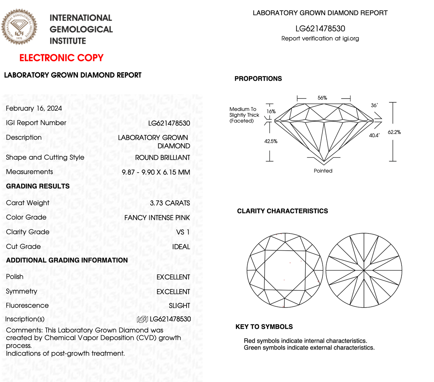 3.73CT Round Cut Lab Grown Fancy Pink Diamond VS1 IGI Certified