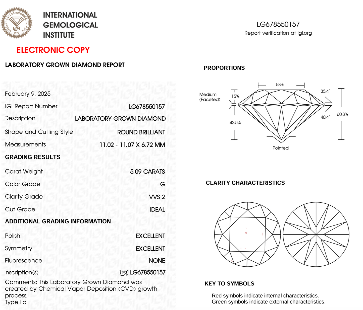 5.09 Ct Round Cut Lab Grown Diamond IGI Certification