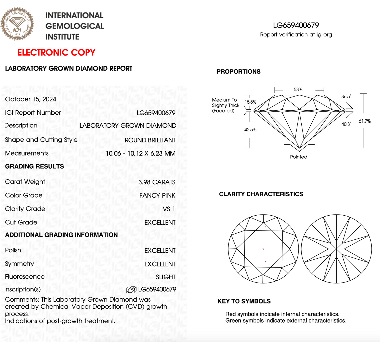 3.98ct Round Fancy Pink Lab Diamond IGI VS1 Sustainable Gem