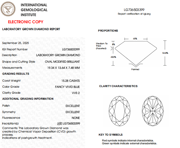 15.28 Carat VVS2 Clarity Blue Color Oval Shape Lab Grown Diamond | IGI Certified