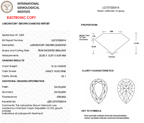 15.16 Carat Pink Color, Pear Shape Lab Grown Diamond | IGI Certified