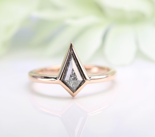 Classic Kite Cut Salt And Pepper Diamond Ring Kite Cut Engagement Ring Vintage Solid Gold Wedding Ring, Anniversary Promise Ring For Woman - JayKrishna Diamond
