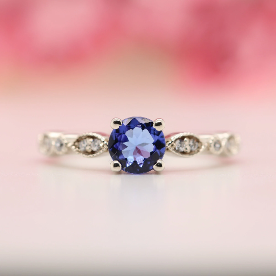 Oval Tanzanite Ring with Accented Diamond, Solid Gold Gemstone Engagement Rings for Women, Dainty Solitaire Ring, December Birthstone Band - JayKrishna Diamond