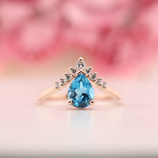 Pear Shape 8 MM Blue Aquamarine Gemstone Wedding Ring - JayKrishna Diamond