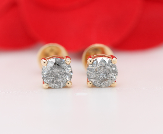 Vintage Natural Round Brilliant Cut Grey Salt and Pepper Unique Stones Diamond Prong Set Gold Minimalist Earrings - JayKrishna Diamond