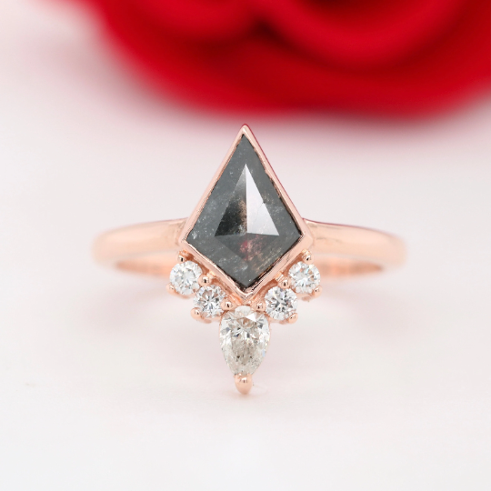Kite cut Salt & Pepper Diamond Bezel Set with White Diamonds Crown Galaxy Diamond on 14K Gold Engagement Diamond Ring - JayKrishna Diamond