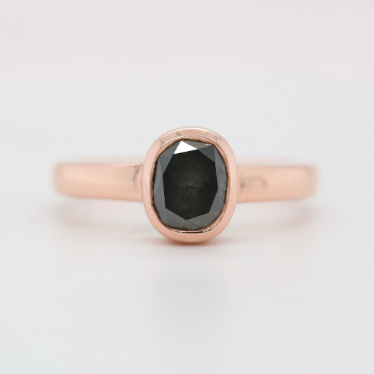 Natural Dark Oval Salt and Pepper Diamond Gold Bezel Set Diamond Engagement Ring - JayKrishna Diamond