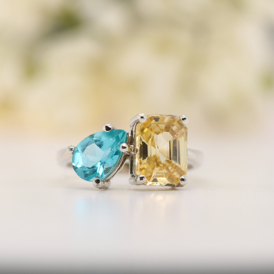 Toi Et Moi Pear And Emerald Cut Beautiful Gemstone Ring - JayKrishna Diamond