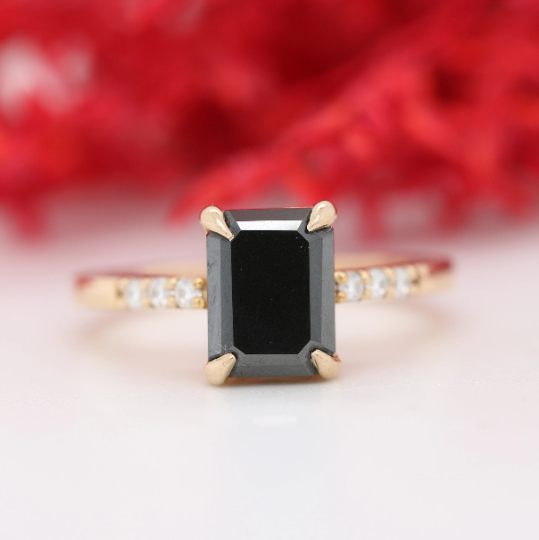 Emerald Cut Black Onyx Engagement Ring, 14k Gold Black Diamond Ring, Unique Diamond Ring, Gothic Engagement Ring, Pave Black Diamond Band - JayKrishna Diamond