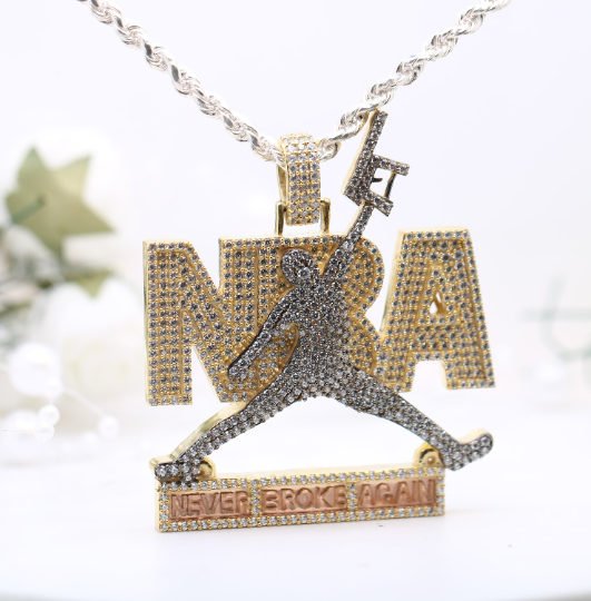 925 sterling silver NBA Never Broke Again Simulated Diamond Hip Hop Pendant 1.60 MM Millie - JayKrishna Diamond