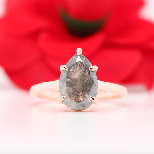 Natural Grey Galaxy Pear Cut Salt and Pepper Claw Prong Set Diamond Engagement Ring - JayKrishna Diamond