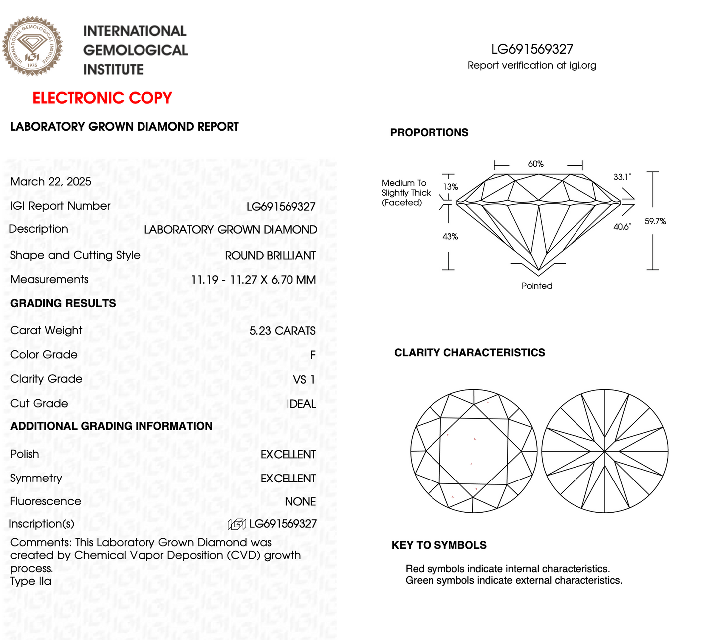 5.23ct Round Cut Lab Grown Diamond IGI Certified