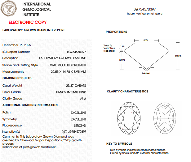 23.37 Carat Intense Pink Oval Shape Lab Grown Diamond | IGI Certified