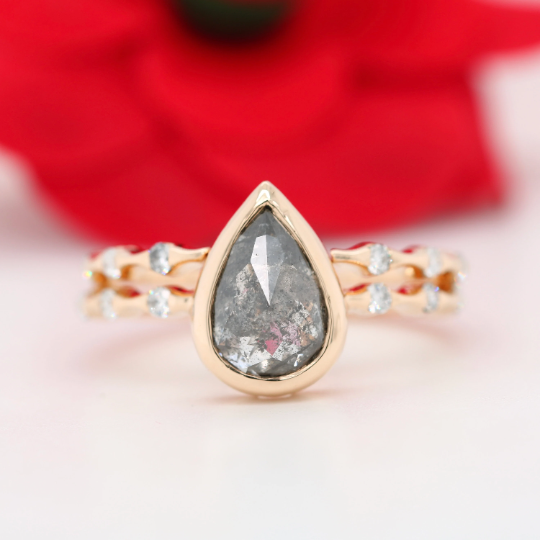 Bezel Set Salt And Pepper Diamond Engagement Ring with Band - JayKrishna Diamond