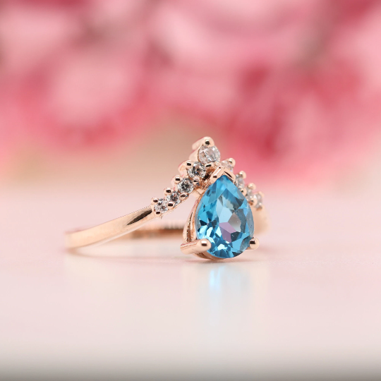 Pear Shape 8 MM Blue Aquamarine Gemstone Wedding Ring - JayKrishna Diamond