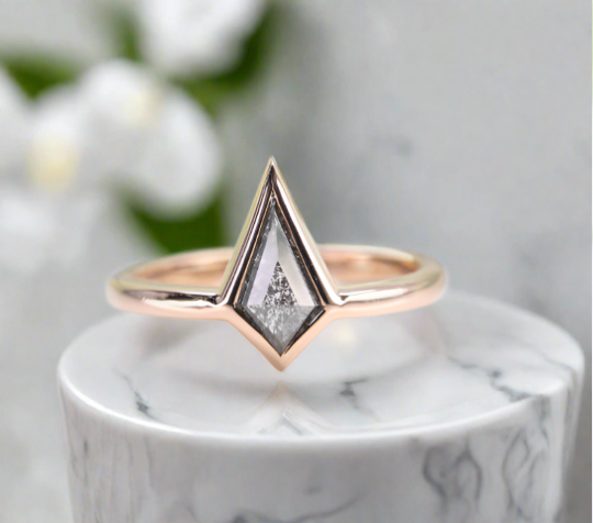 Unique Stones Kite Shape Natural Dark Grey Galaxy Diamond Bezel Set 14K Gold Engagement Diamond Ring - JayKrishna Diamond