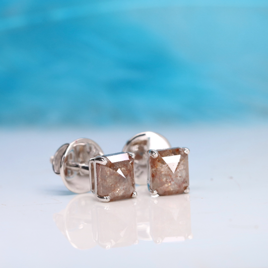Natural Red Rustic Emerald Shape Real Diamond Prong Set Earrings | Galaxy Diamond Earrings | Gift For Wife | Gift For Sister | Gift For Boyfriend | Birthday Gift - JayKrishna Diamond