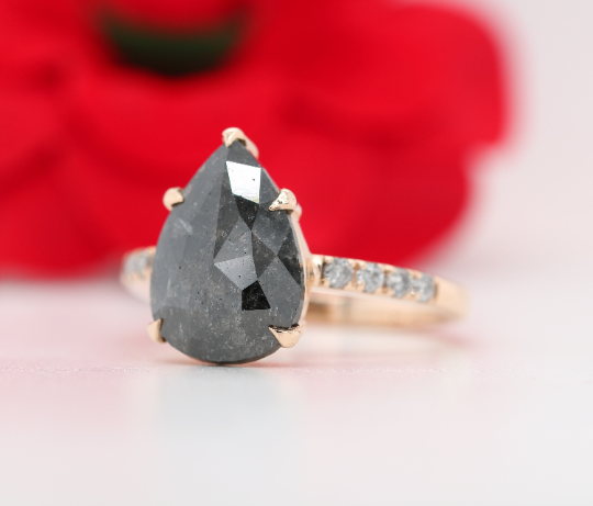 Pear Salt And Pepper Diamond Ring, Natural Pear Diamond Ring, Pear Diamond Engagement Ring, Pear Shape Diamond Ring Yellow Gold Engagement Ring - JayKrishna Diamond