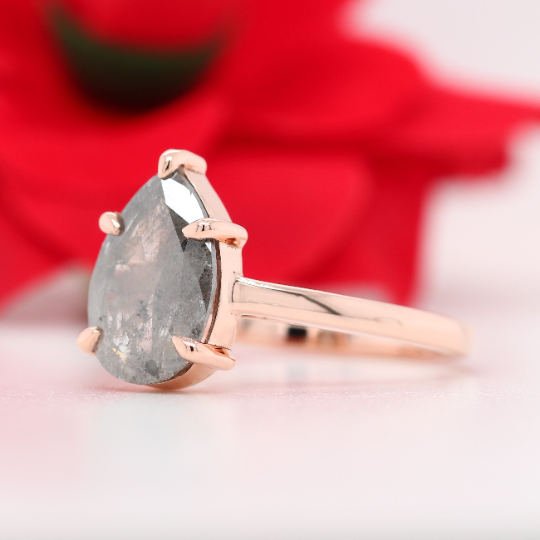 Natural Grey Galaxy Pear Cut Salt and Pepper Claw Prong Set Diamond Engagement Ring - JayKrishna Diamond