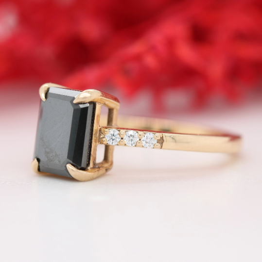 Emerald Cut Black Onyx Engagement Ring, 14k Gold Black Diamond Ring, Unique Diamond Ring, Gothic Engagement Ring, Pave Black Diamond Band - JayKrishna Diamond