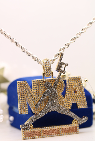 925 sterling silver NBA Never Broke Again Simulated Diamond Hip Hop Pendant 1.60 MM Millie - JayKrishna Diamond