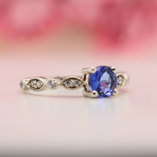 Oval Tanzanite Ring with Accented Diamond, Solid Gold Gemstone Engagement Rings for Women, Dainty Solitaire Ring, December Birthstone Band - JayKrishna Diamond
