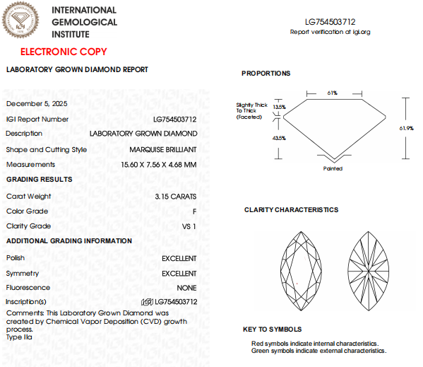3.15 Carat Marquise Lab Grown IGI Certified Diamond