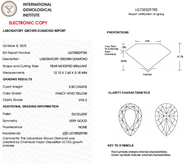 3.50 CT Pear Lab Grown Diamond | Yellow Color, VVS2 Clarity, | IGI Certified
