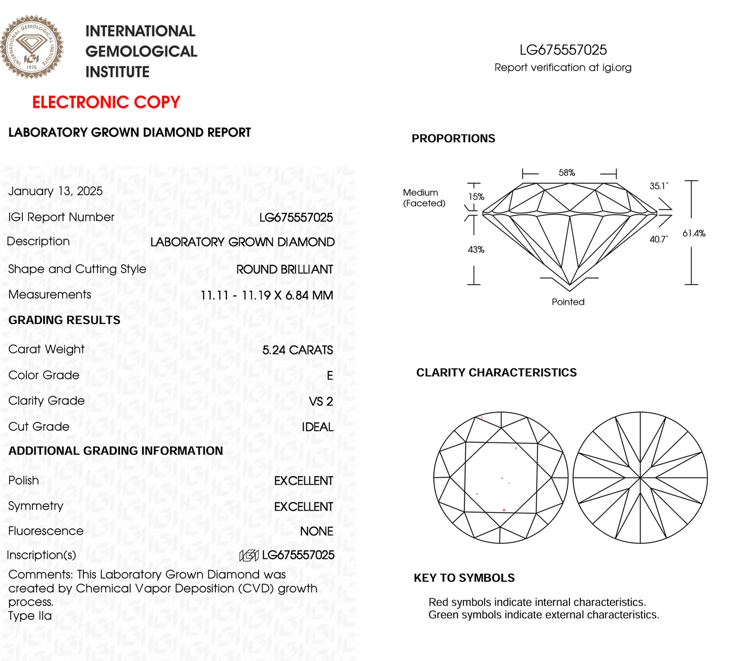 5.24ct Round Cut Lab Grown Diamond IGI Certified
