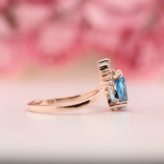 Pear Shape 8 MM Blue Aquamarine Gemstone Wedding Ring - JayKrishna Diamond