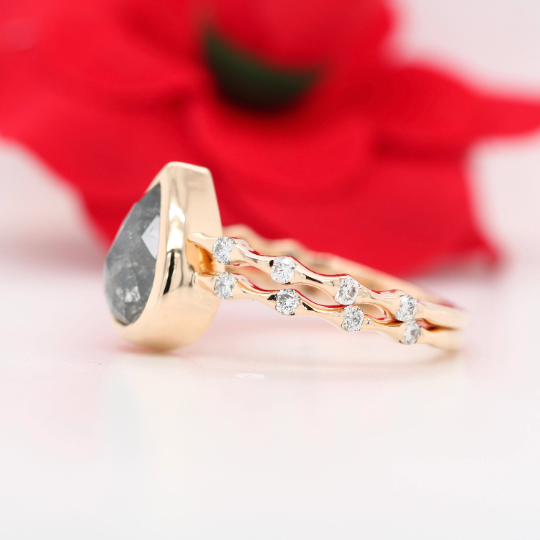 Bezel Set Salt And Pepper Diamond Engagement Ring with Band - JayKrishna Diamond