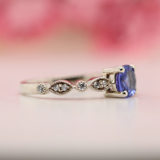 Oval Tanzanite Ring with Accented Diamond, Solid Gold Gemstone Engagement Rings for Women, Dainty Solitaire Ring, December Birthstone Band - JayKrishna Diamond