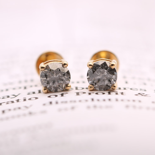 Vintage Natural Round Brilliant Cut Grey Salt and Pepper Unique Stones Diamond Prong Set Gold Minimalist Earrings - JayKrishna Diamond