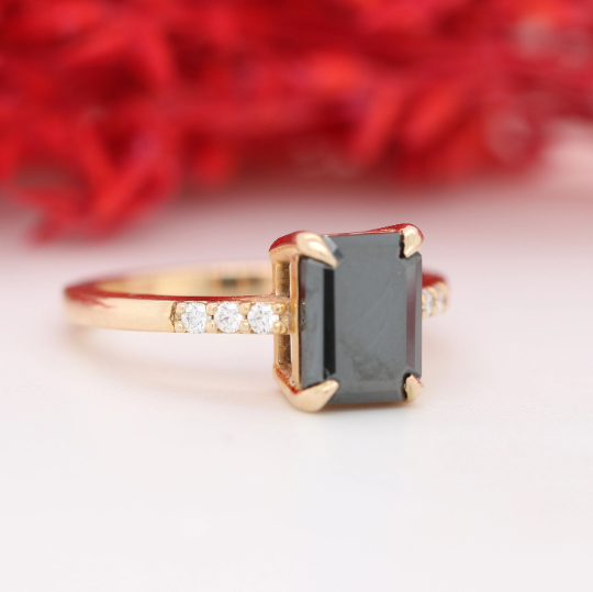 Emerald Cut Black Onyx Engagement Ring, 14k Gold Black Diamond Ring, Unique Diamond Ring, Gothic Engagement Ring, Pave Black Diamond Band - JayKrishna Diamond