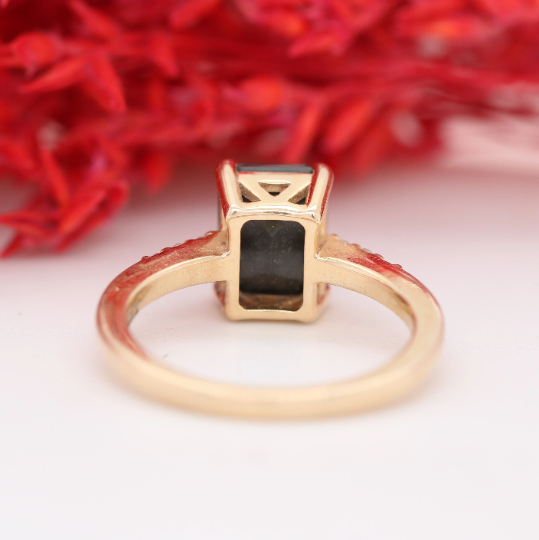 Emerald Cut Black Onyx Engagement Ring, 14k Gold Black Diamond Ring, Unique Diamond Ring, Gothic Engagement Ring, Pave Black Diamond Band - JayKrishna Diamond