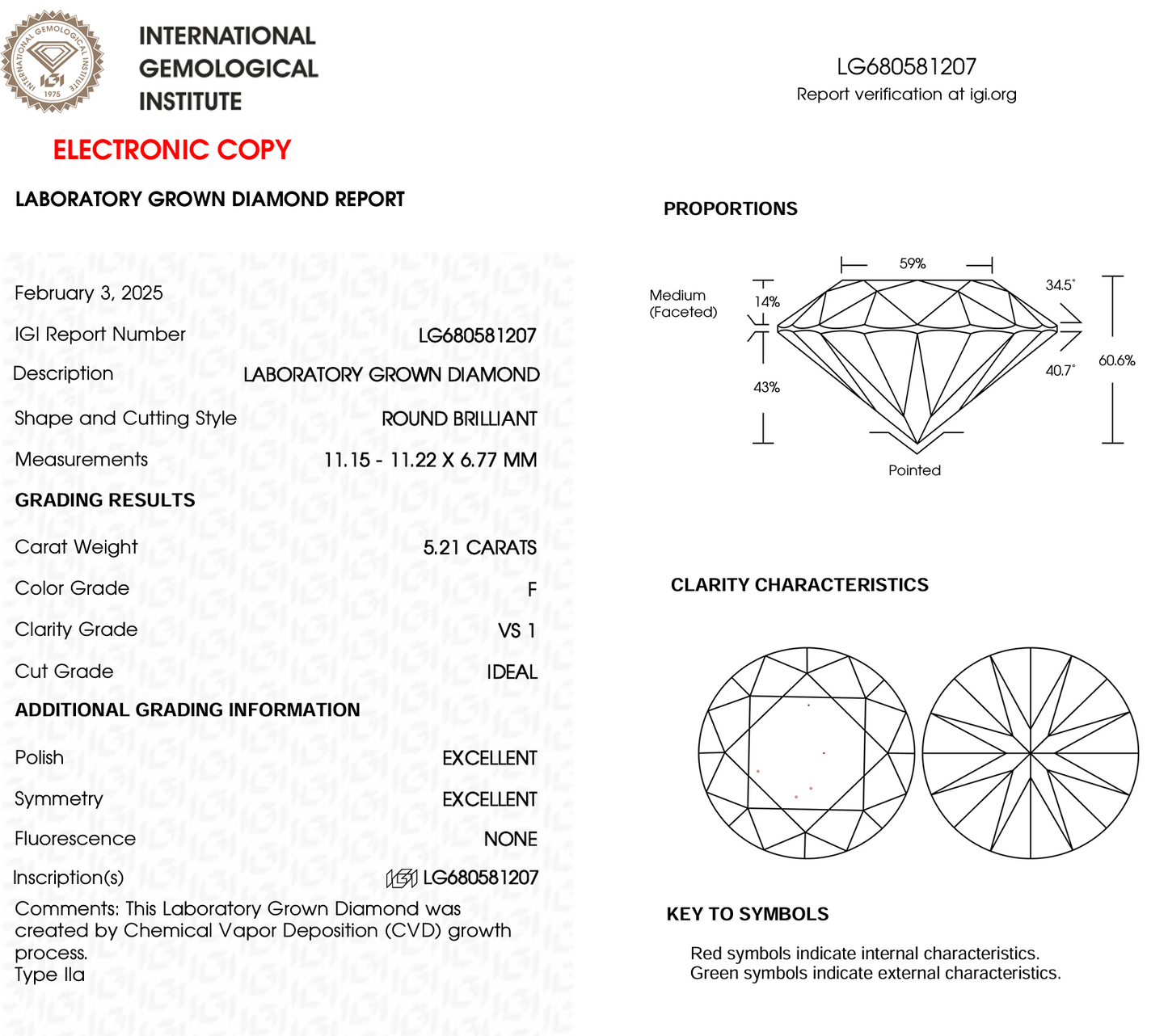 5.21ct Round Cut Lab Grown Diamond IGI Certified