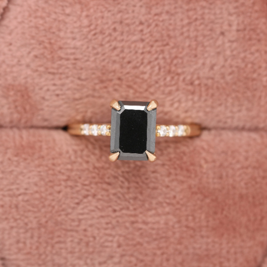 Emerald Cut Black Onyx Engagement Ring, 14k Gold Black Diamond Ring, Unique Diamond Ring, Gothic Engagement Ring, Pave Black Diamond Band - JayKrishna Diamond