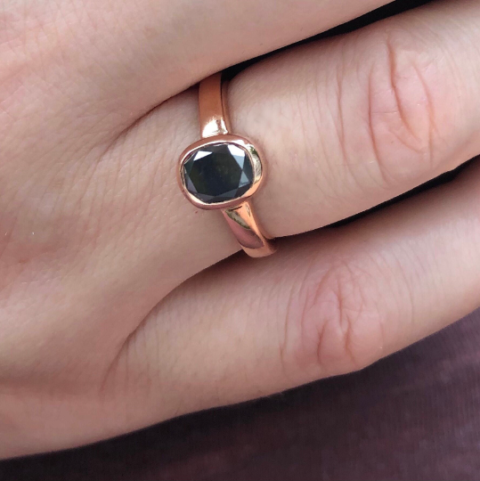 Natural Dark Oval Salt and Pepper Diamond Gold Bezel Set Diamond Engagement Ring - JayKrishna Diamond