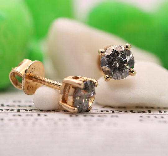 Natural Grey Salt and Pepper Brilliant Round Shape Diamond Earrings - JayKrishna Diamond