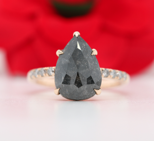 Pear Salt And Pepper Diamond Ring, Natural Pear Diamond Ring, Pear Diamond Engagement Ring, Pear Shape Diamond Ring Yellow Gold Engagement Ring - JayKrishna Diamond
