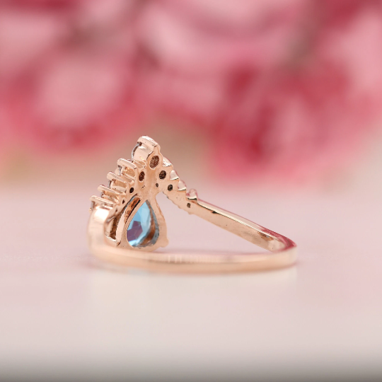 Pear Shape 8 MM Blue Aquamarine Gemstone Wedding Ring - JayKrishna Diamond