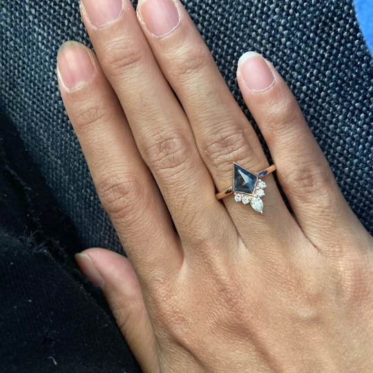 Kite cut Salt & Pepper Diamond Bezel Set with White Diamonds Crown Galaxy Diamond on 14K Gold Engagement Diamond Ring - JayKrishna Diamond
