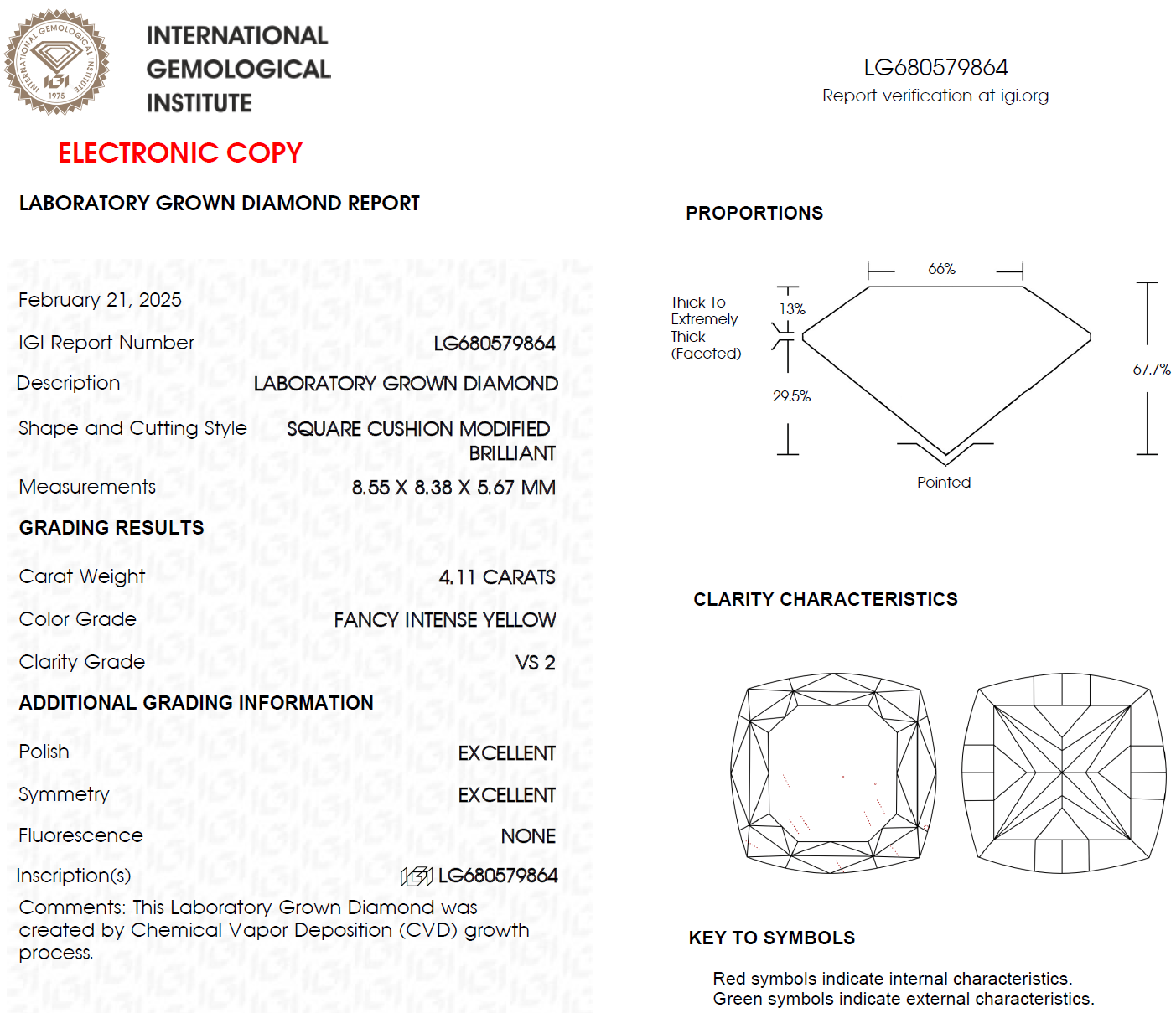 4.11 CT Yellow Square Cushion Lab Grown Diamond | Best for Engagement Ring or Anniversary Gift | IGI Certified