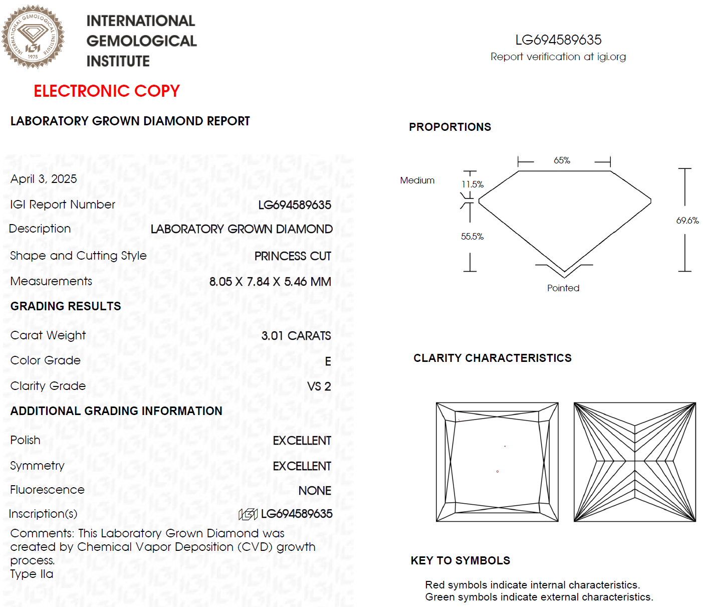 3 CT Princess Cut Lab Grown Diamond for Necklace or Earrings | Best for Anniversary Gift | IGI Certified