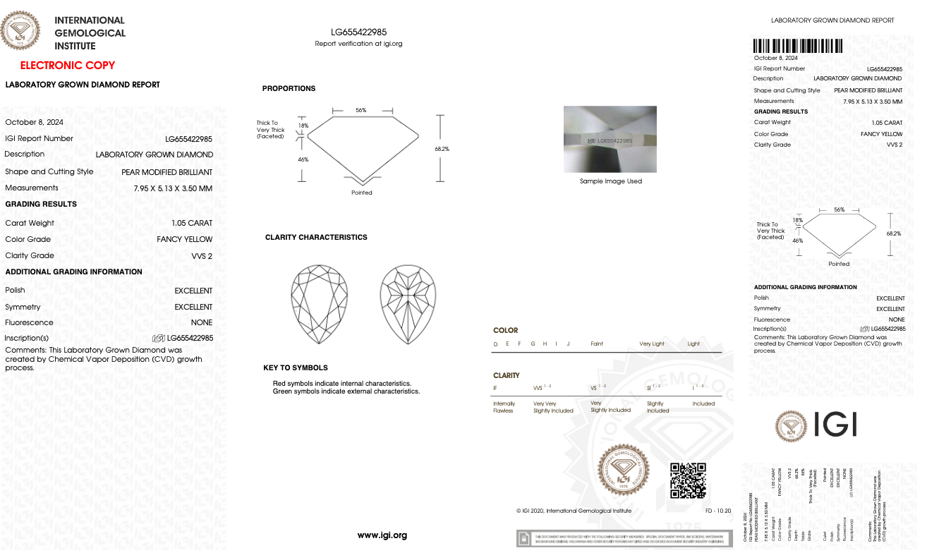1.05 CT Pear Cut Fancy Color Lab Grown CVD Diamond VVS2 IGI Certified | Lab Created Diamond for Rings